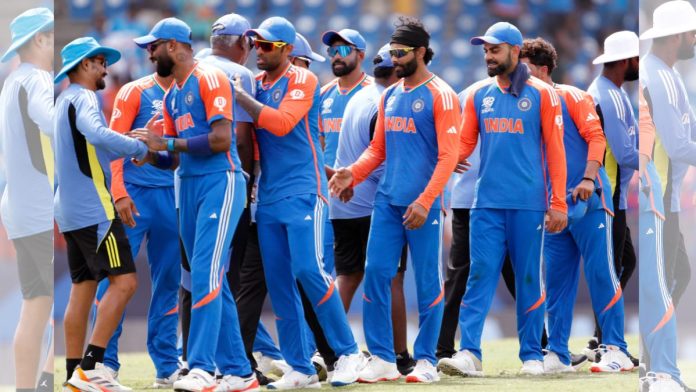 St Lucia, Jun 24 (ANI): Player's exchange handshake after the Super 8 Group 1 match between Australia and India in the ICC Mens T20 World Cup 2024, at Daren Sammy National Cricket Stadium, Gros Islet, in St Lucia on Monday. (ANI Photo/Surjeet Yadav)