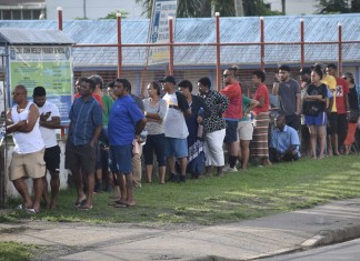 Voters line up outside John Wesley Primary School along Grantham Road in Raiwaqa before 7.30am to cast their vote as polling officially opened today for Fiji’s 2022 General Election. Picture: GERALDINE PANAPASA